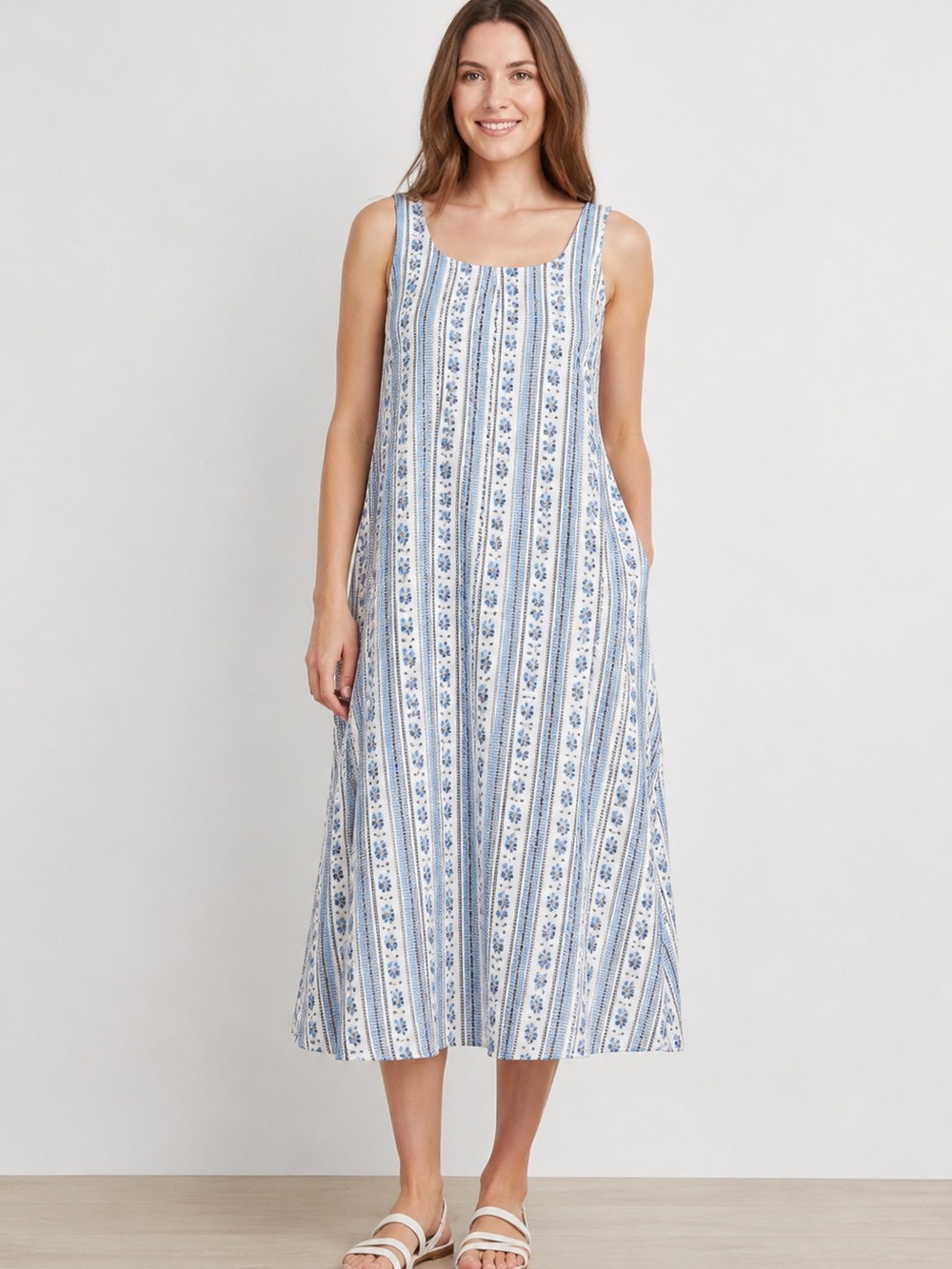 Laura Ashley Blue and White Striped Floral Midi  Dress